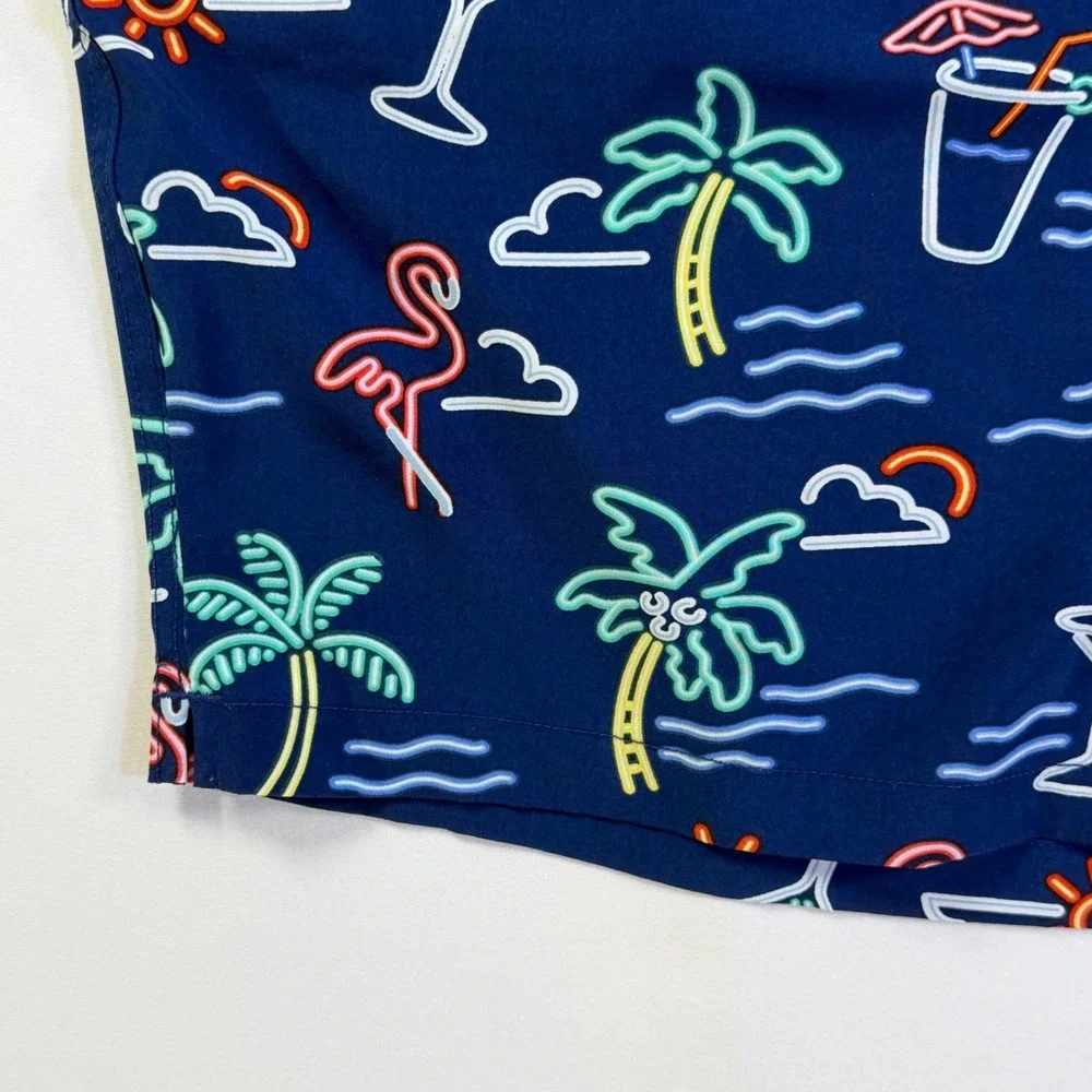 Chubbies Mens Navy Blue Neon Flamingo Palm Tree Print Swim Trunks Mesh Liner 3XL